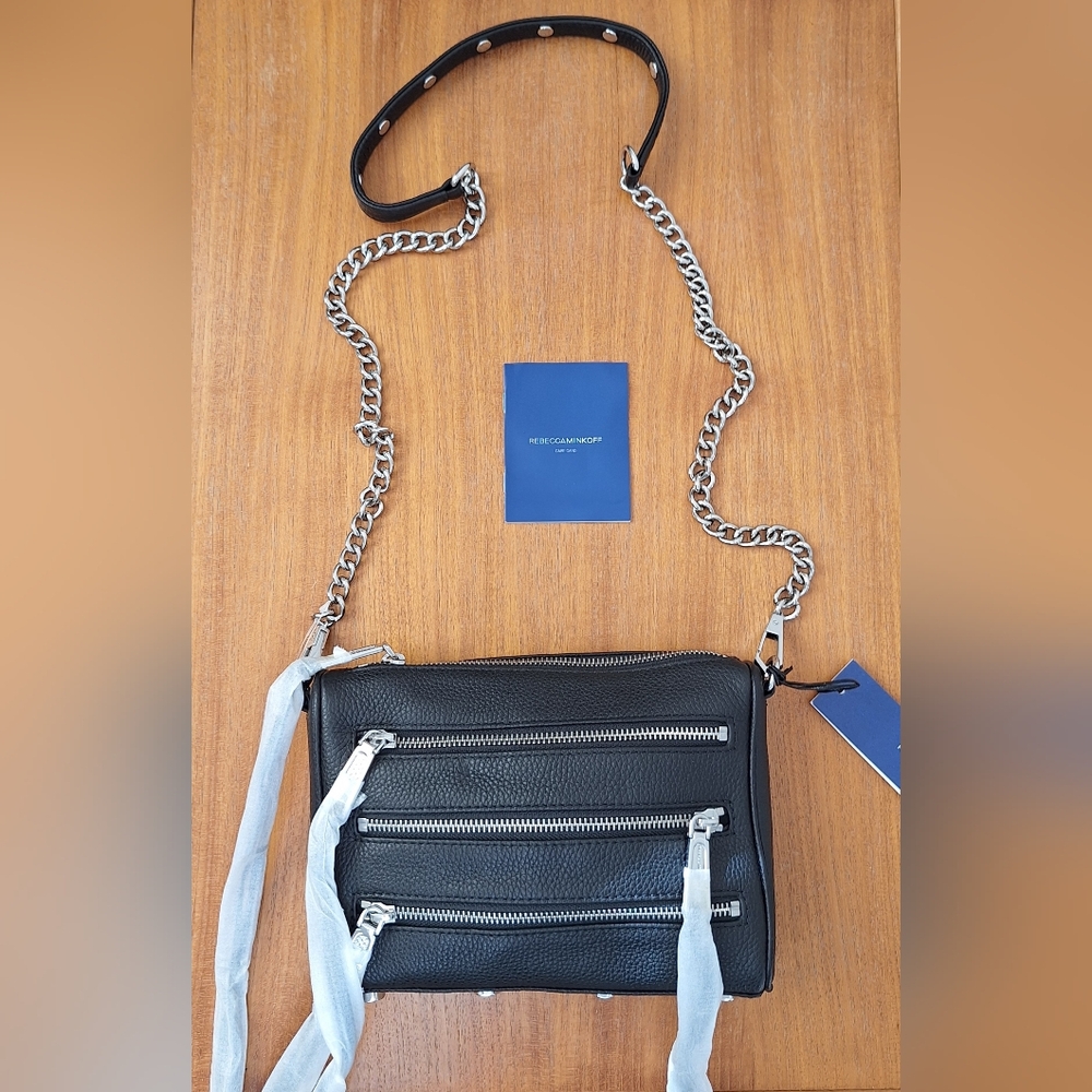 Rebecca Minkoff Mini 5 Zip Leather Crossbody Metal Chain Black Edgy Punk NEW - Picture 4 of 13